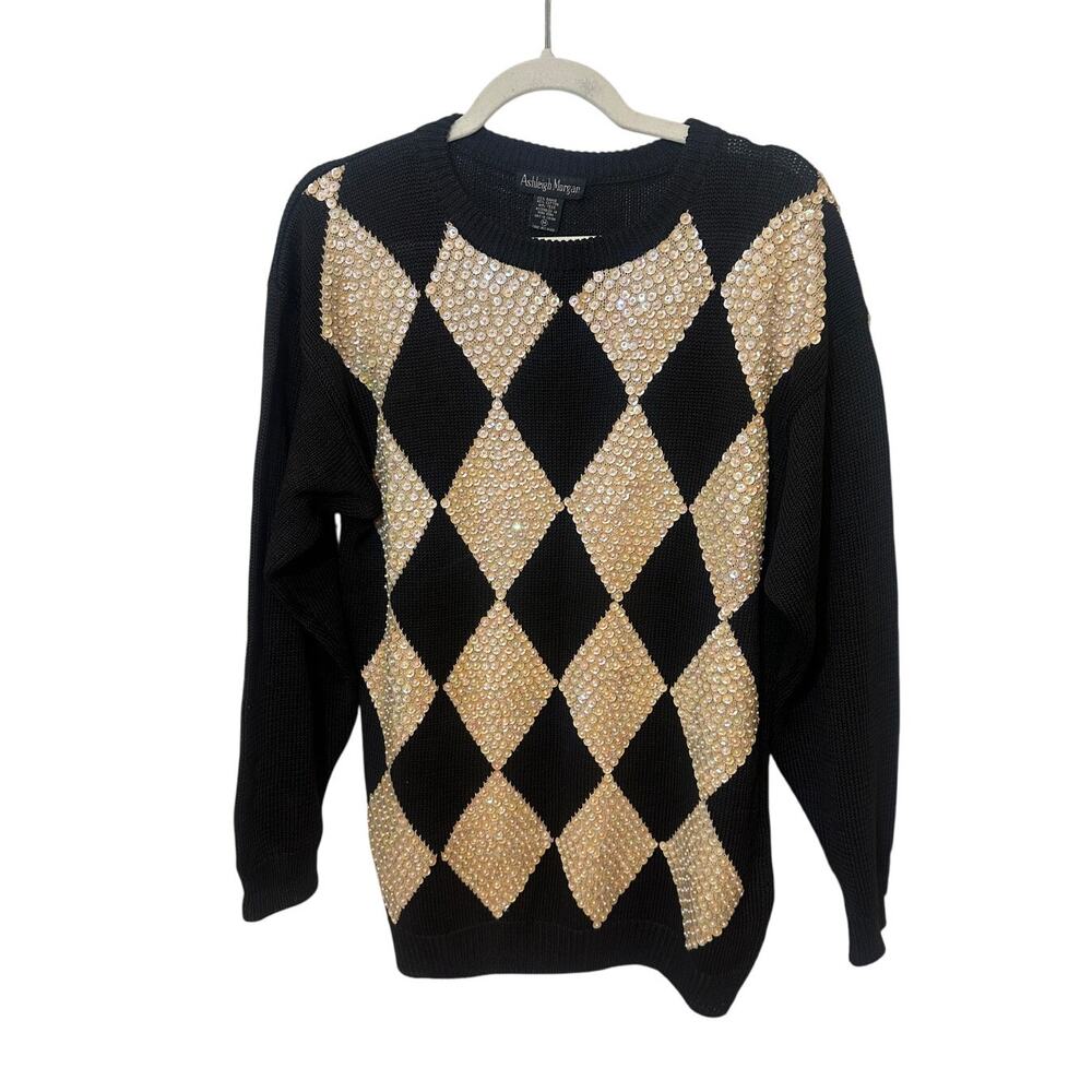 Vintage Sequin Argyle Knit Sweater Women’s M Black Gold Crewneck